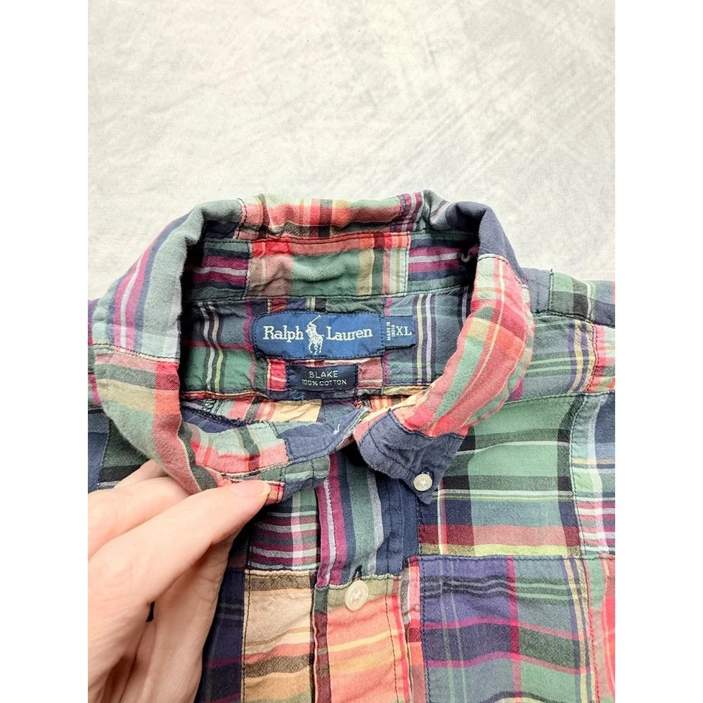 vtg 90s Polo Ralph Lauren Mens‎ sz XL Patchwork madras Plaid Button Down Shirt